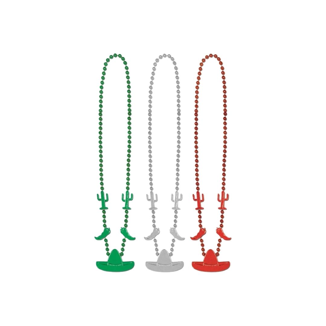 COLLAR PERLAS MEXICANO ROJO VERDE Y PLATA X3 - "C2"