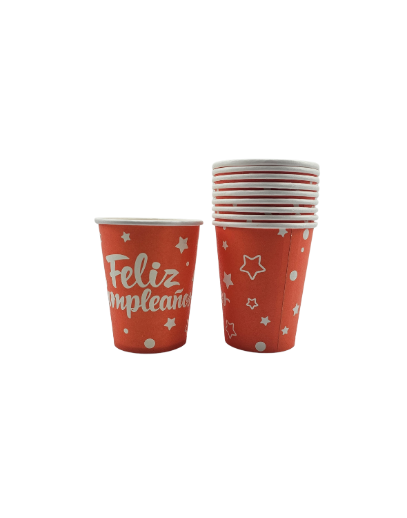 VASO CARTON FELIZ CUMPLEAÑOS NEON NARANJA