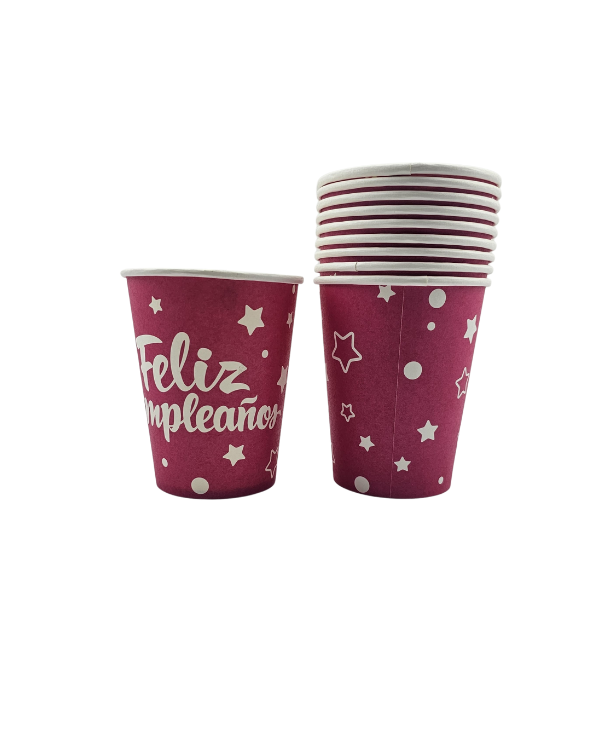 VASO CARTON FELIZ CUMPLEAÑOS NEON FUCSIA