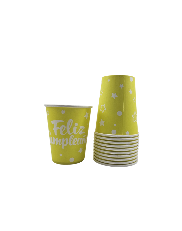 VASO CARTON FELIZ CUMPLEAÑOS NEON AMARILLO