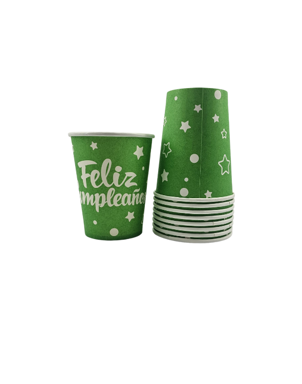 VASO CARTON FELIZ CUMPLEAÑOS NEON VERDE
