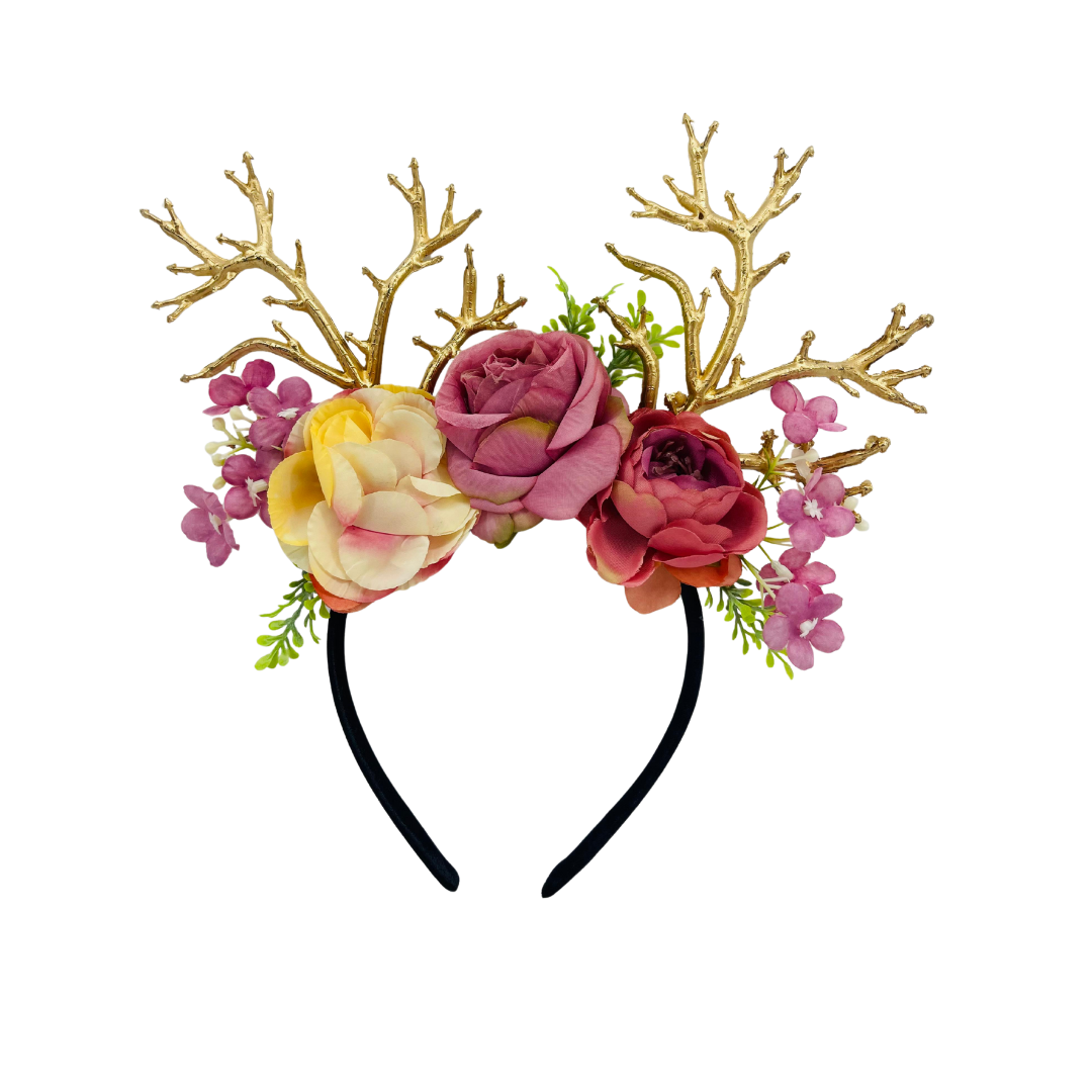 TIARA DE FLORES CON RAMAS DORADAS