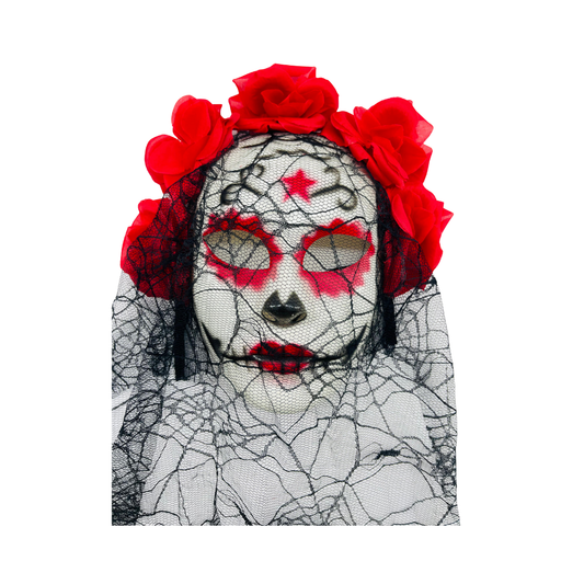 MASCARA CATRINA CON VELO Y ROSAS
