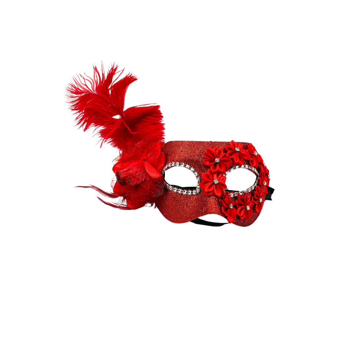 ANTIFAZ FLORES CON PLUMA LARGA LATERAL ROJO