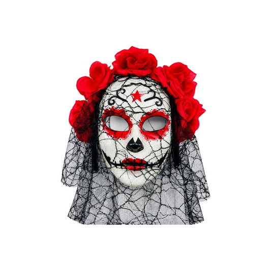 MASCARA CATRINA CON VELO Y ROSAS