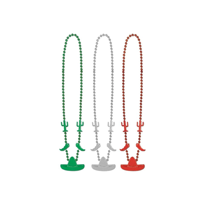 COLLAR PERLAS MEXICANO ROJO VERDE Y PLATA X3 - "C2"
