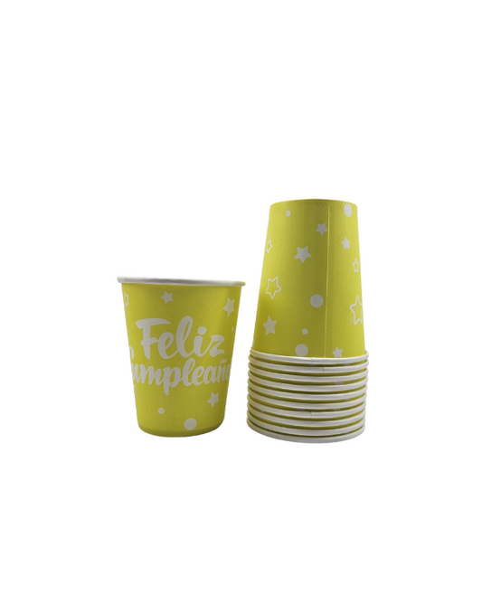 VASO CARTON FELIZ CUMPLEAÑOS NEON AMARILLO